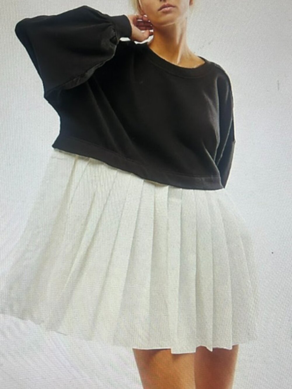 FREE PEOPLE Eleanor Slouchy Pleated Cropped Sweatshirt Dress Black Silver Gray